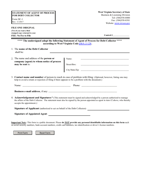 Form DC-1 Statement of Agent of Process for Debt Collector - West Virginia