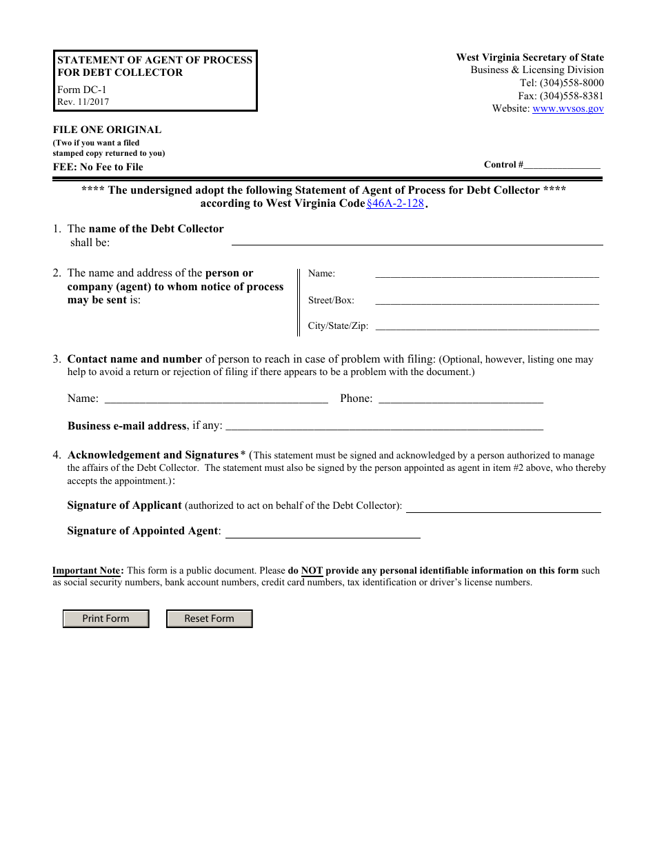 Form DC-1 Statement of Agent of Process for Debt Collector - West Virginia, Page 1