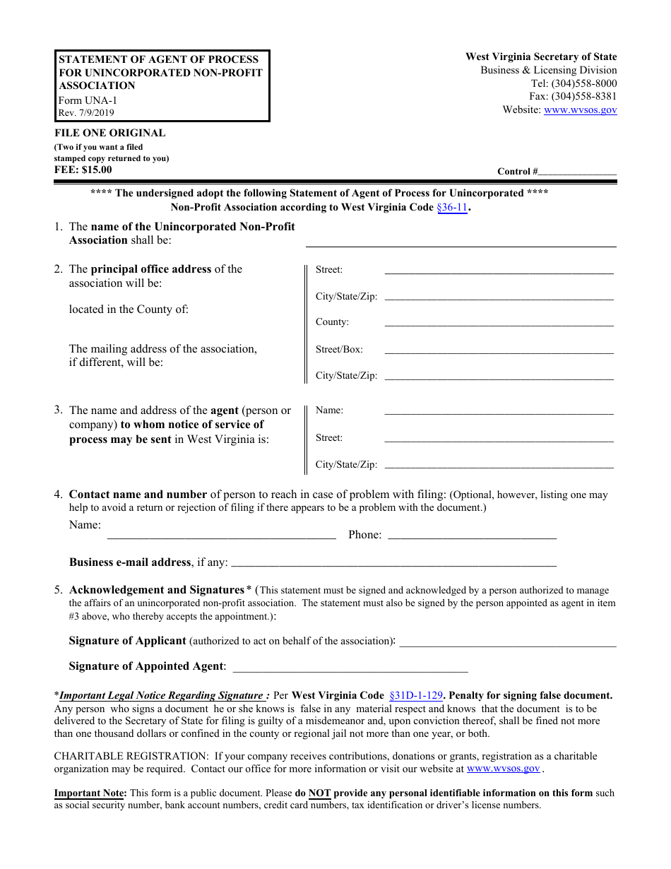 Form UNA-1 Statement of Agent of Process for Unincorporated Non-profit Association - West Virginia, Page 1