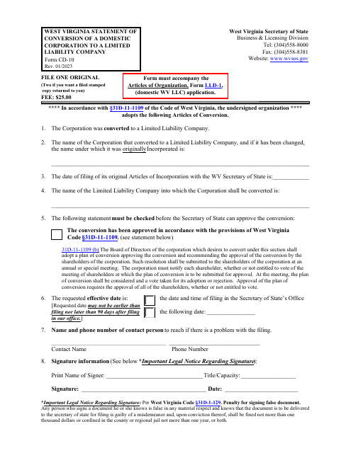 Form CD-10 West Virginia Statement of Conversion of a Domestic Corporation to a Limited Liability Company - West Virginia