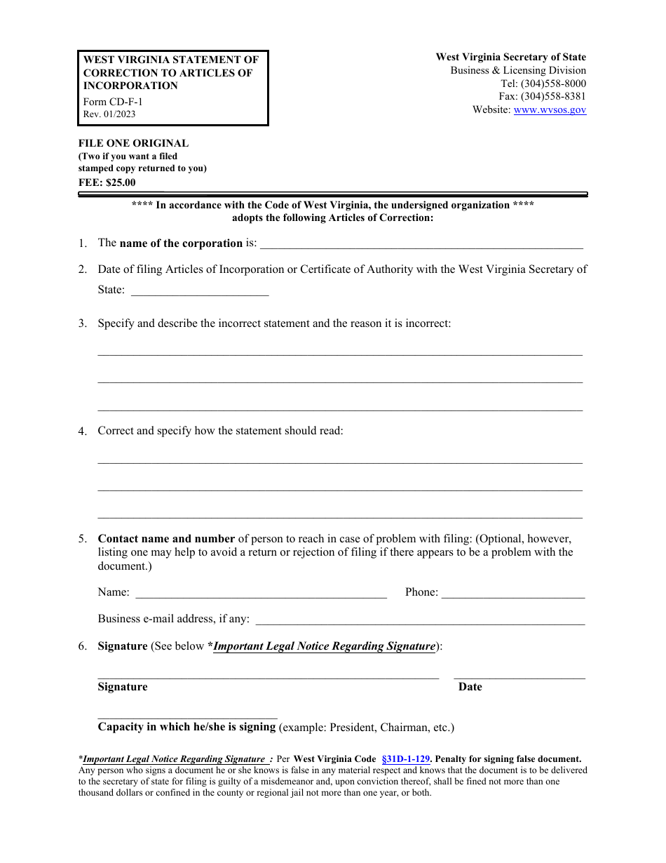 Form CD-F-1 West Virginia Statement of Correction to Articles of Incorporation - West Virginia, Page 1