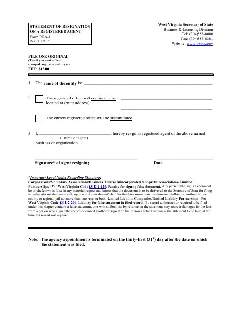 Form RRA-1 Statement of Resignation of a Registered Agent - West Virginia