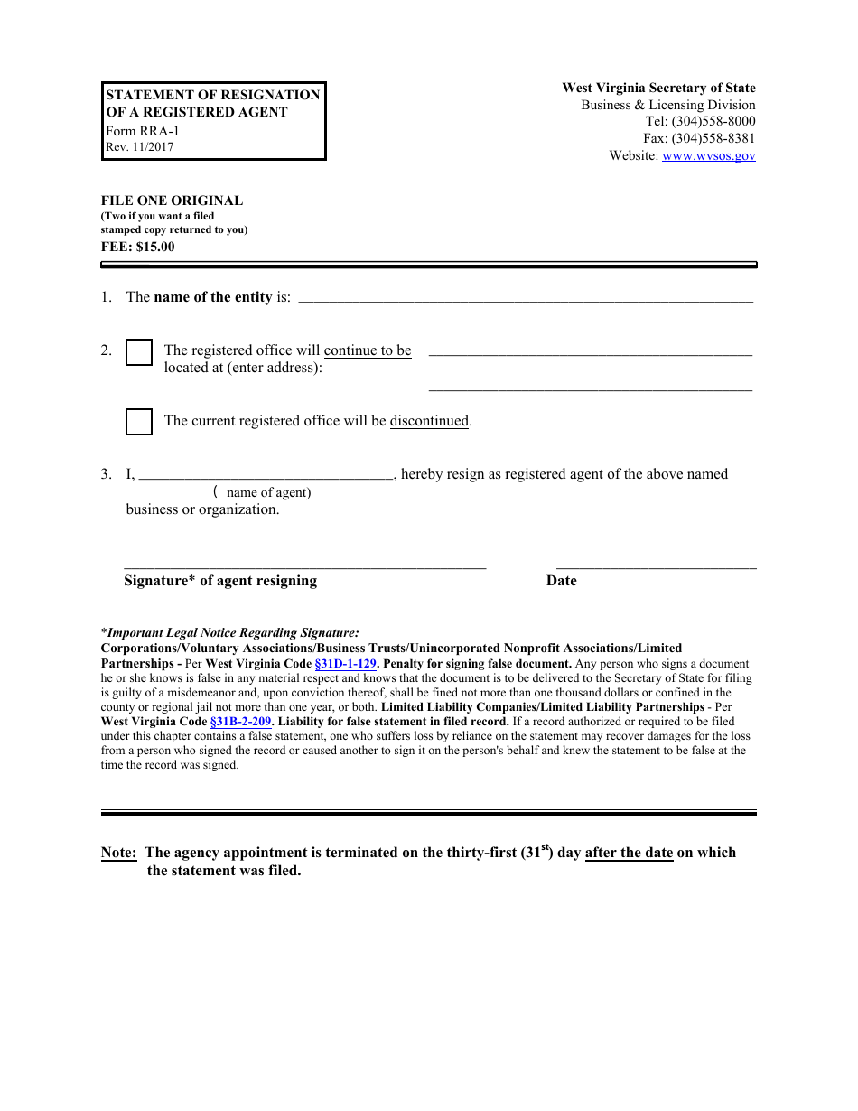Form RRA-1 Statement of Resignation of a Registered Agent - West Virginia, Page 1