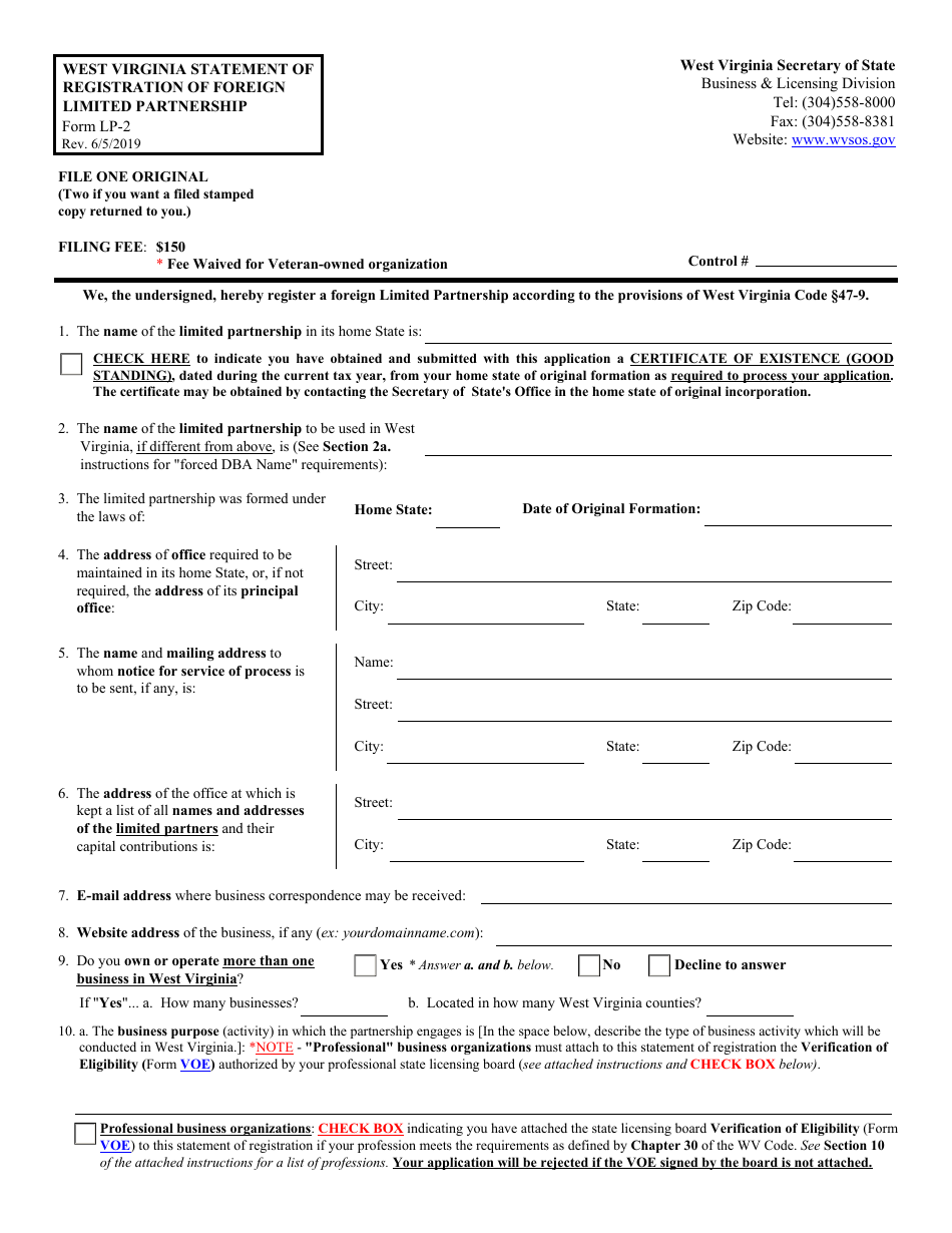 Form LP-2 West Virginia Statement of Registration of Foreign Limited Partnership - West Virginia, Page 1