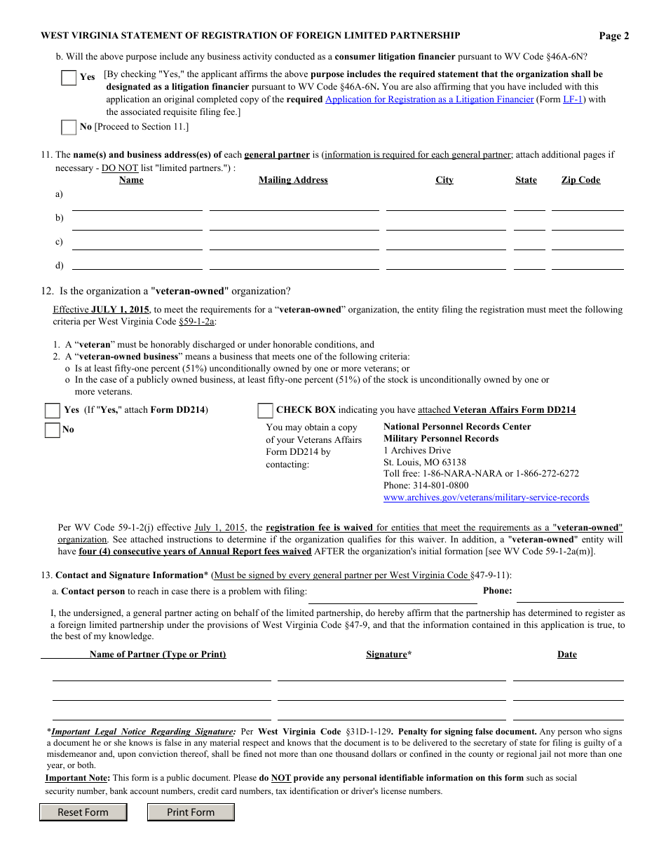 Form LP-2 West Virginia Statement of Registration of Foreign Limited Partnership - West Virginia, Page 2