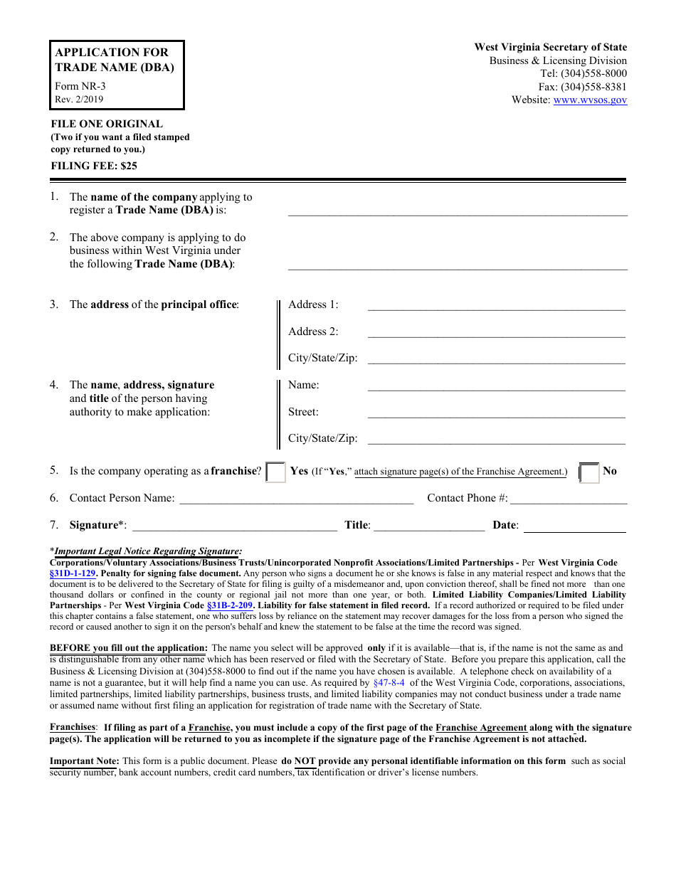 Form NR-3 Application for Trade Name (Dba) - West Virginia, Page 1