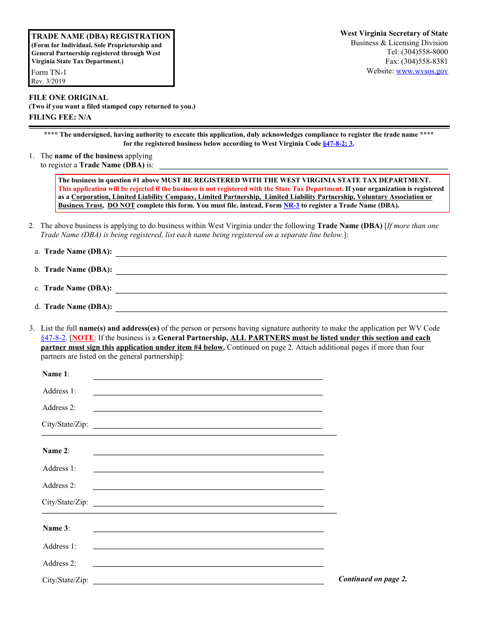 Form TN-1 Trade Name (Dba) Registration - West Virginia, Page 1
