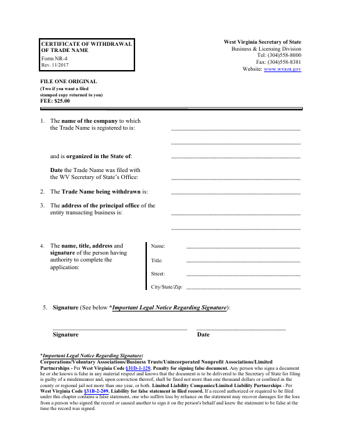 Form NR-4 Certificate of Withdrawal of Trade Name - West Virginia
