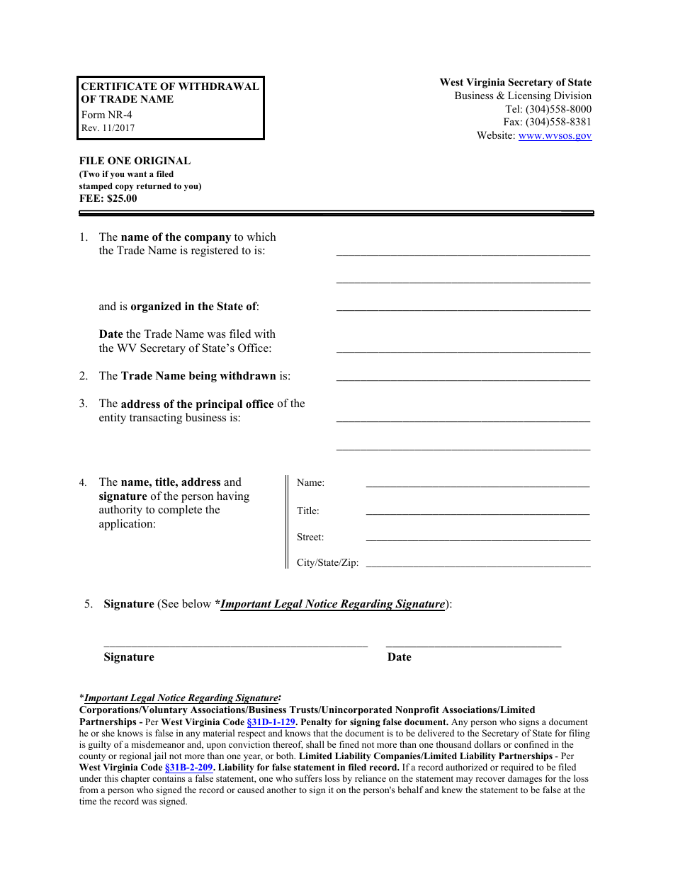 Form NR-4 Certificate of Withdrawal of Trade Name - West Virginia, Page 1