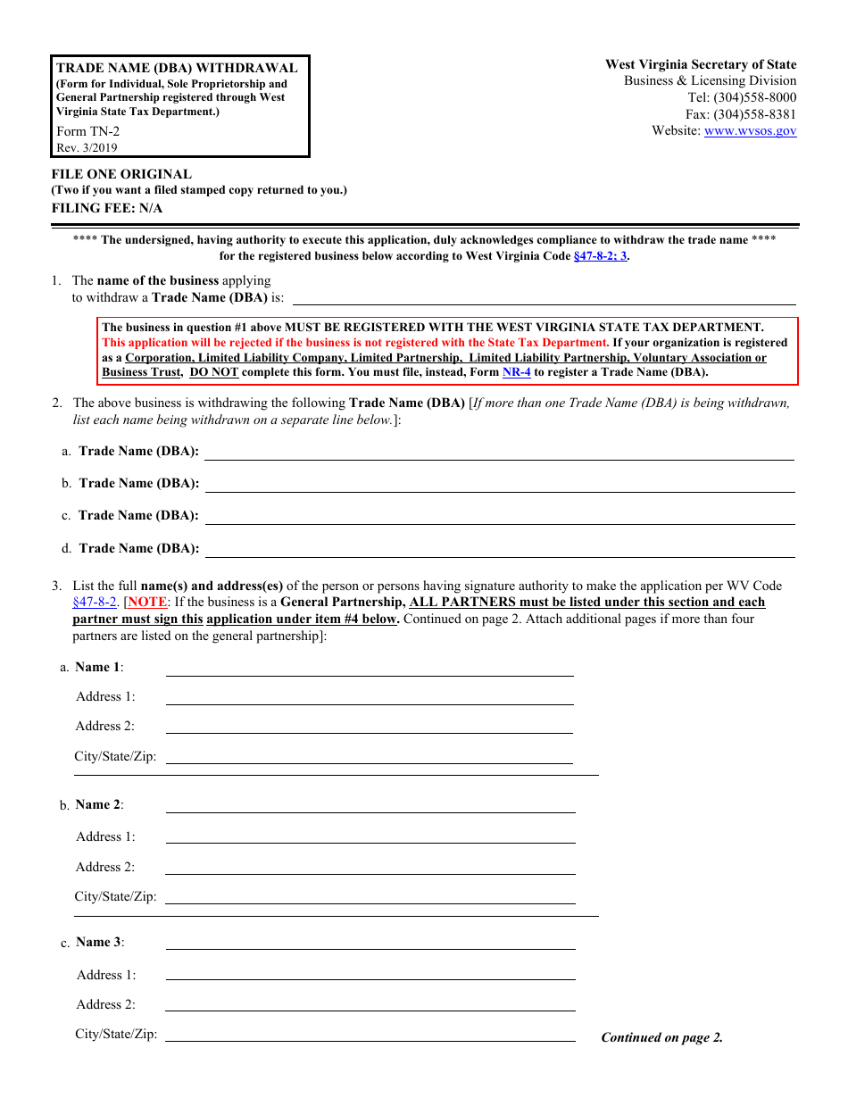 Form TN-2 Trade Name (Dba) Withdrawal - West Virginia, Page 1