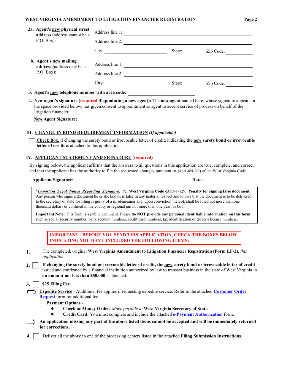 Form LF-2 West Virginia Amendment to Litigation Financier Registration - West Virginia, Page 2