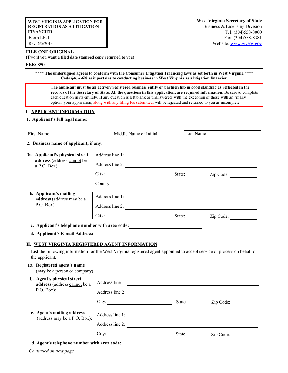 Form LF-1 West Virginia Application for Registration as a Litigation Financier - West Virginia, Page 1