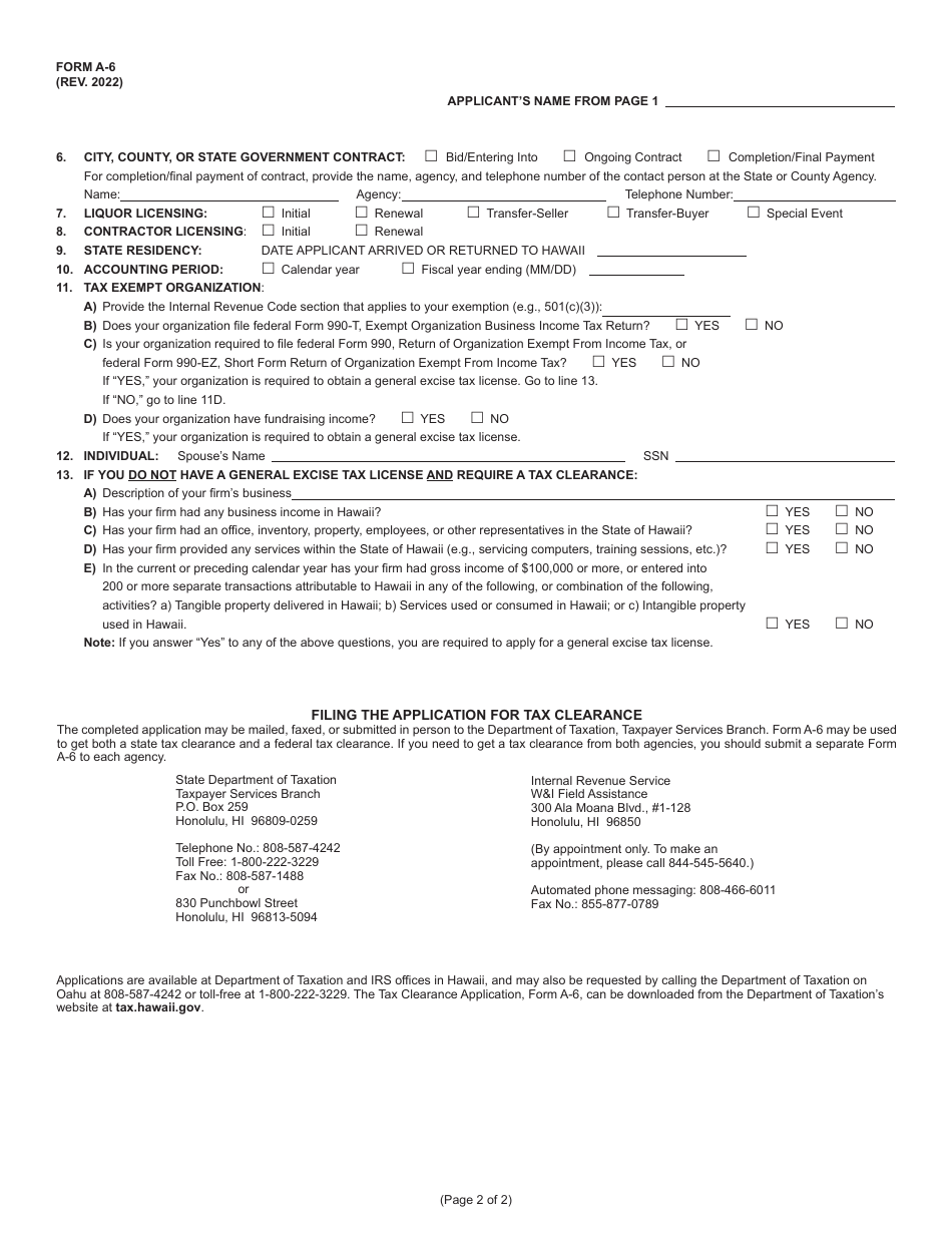 Form A 6 Download Fillable Pdf Or Fill Online Tax Clearance Application Hawaii 2017 — 2024 8587