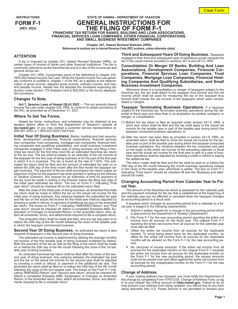 Instructions for Form F-1 Franchise Tax Return for Banks, Building and Loan Associations, Financial Services Loan Companies, Other Financial Corporations, and Small Business Investment Companies - Hawaii, Page 1
