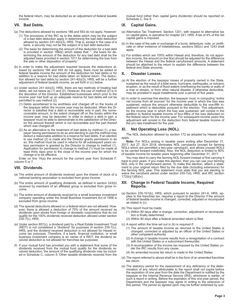 Instructions for Form F-1 Franchise Tax Return for Banks, Building and Loan Associations, Financial Services Loan Companies, Other Financial Corporations, and Small Business Investment Companies - Hawaii, Page 3