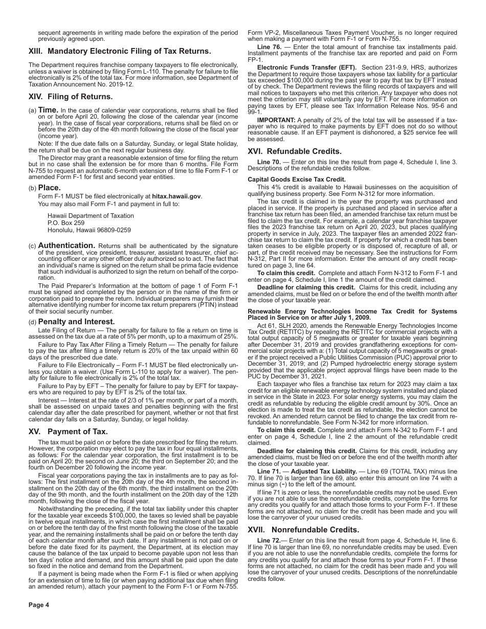 Instructions for Form F-1 Franchise Tax Return for Banks, Building and Loan Associations, Financial Services Loan Companies, Other Financial Corporations, and Small Business Investment Companies - Hawaii, Page 4