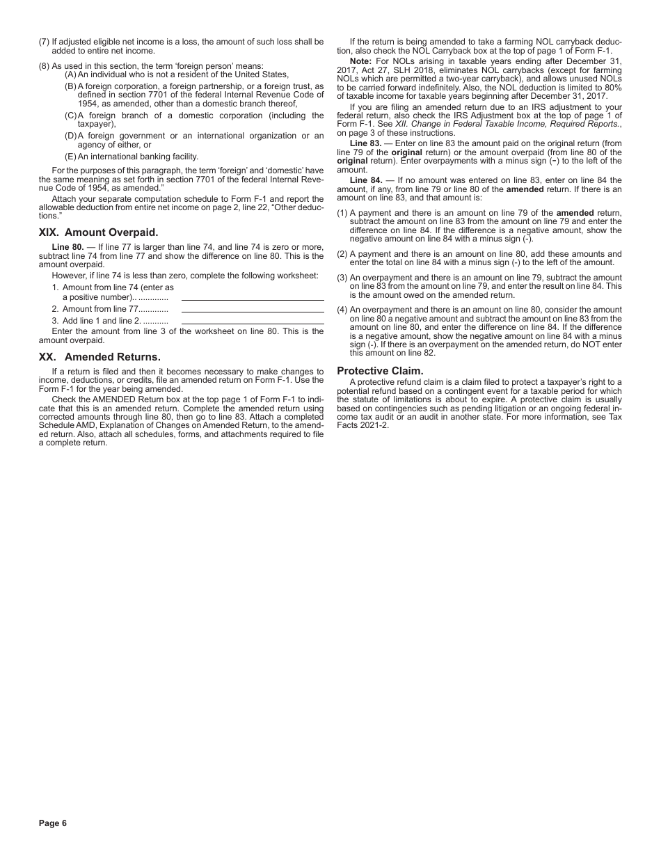 Instructions for Form F-1 Franchise Tax Return for Banks, Building and Loan Associations, Financial Services Loan Companies, Other Financial Corporations, and Small Business Investment Companies - Hawaii, Page 6