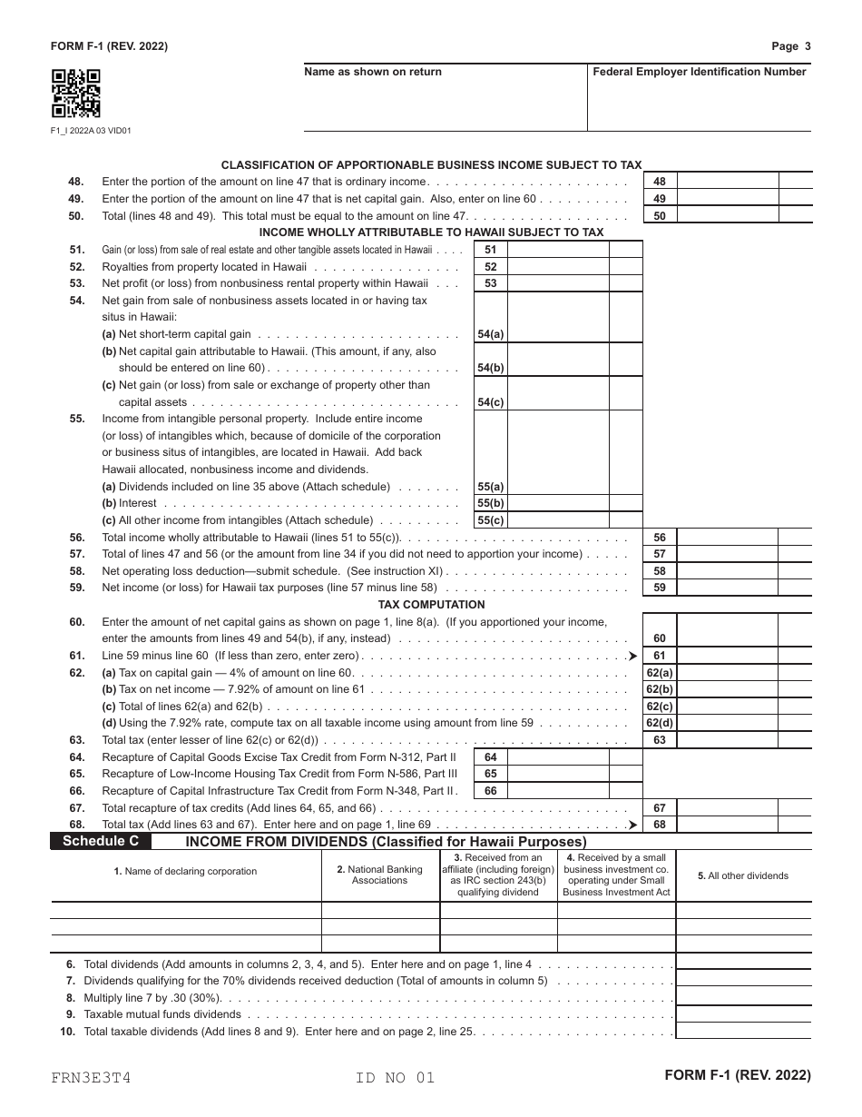 Form F-1 Franchise Tax Return Banks, Other Financial Corporations, and Small Business Investment Companies - Hawaii, Page 3