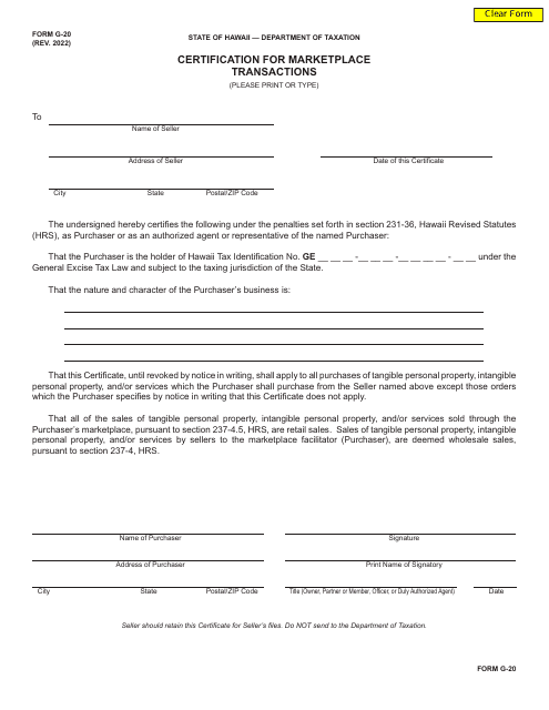 Form G-20 Certification for Marketplace Transactions - Hawaii