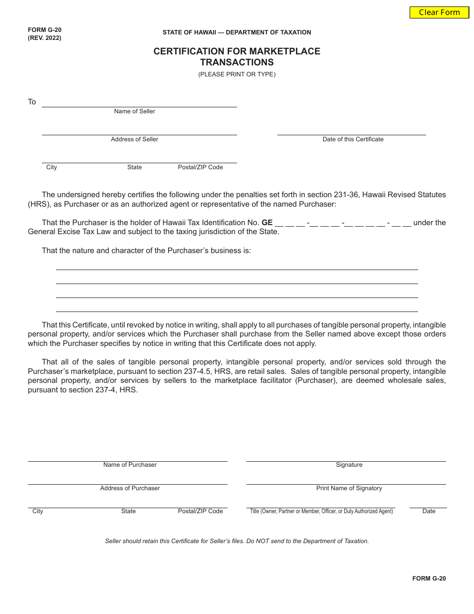 Form G-20 Certification for Marketplace Transactions - Hawaii, Page 1