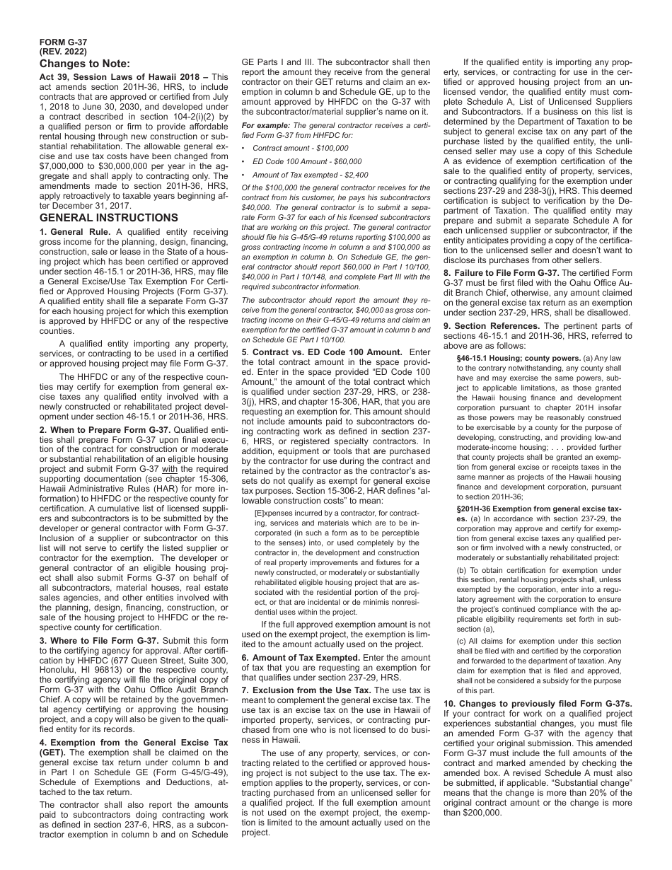 Form G-37 General Excise / Use Tax Exemption for Certified or Approved Housing Projects - Hawaii, Page 2