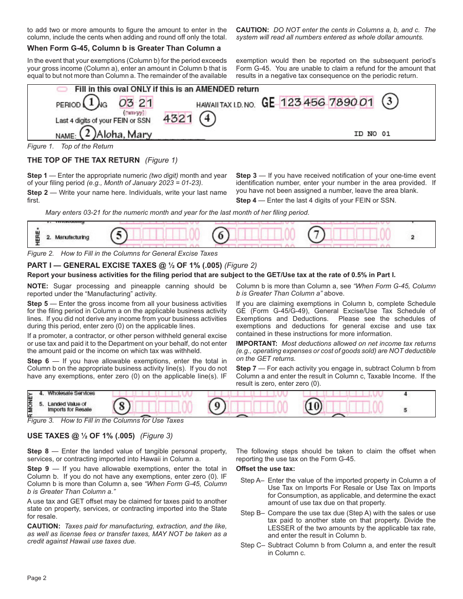 Form G-45 OT Instructions for Filing a One Time Use General Excise / Use Tax Return - Hawaii, Page 2