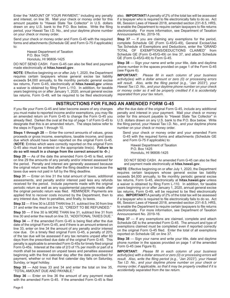 Form G-45 OT Instructions for Filing a One Time Use General Excise / Use Tax Return - Hawaii, Page 6