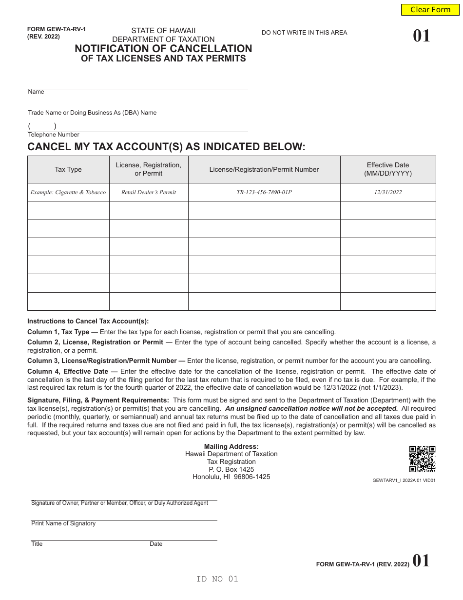 Form GEW-TA-RV-1 Notification of Cancellation of Tax Licenses and Tax Permits - Hawaii, Page 1