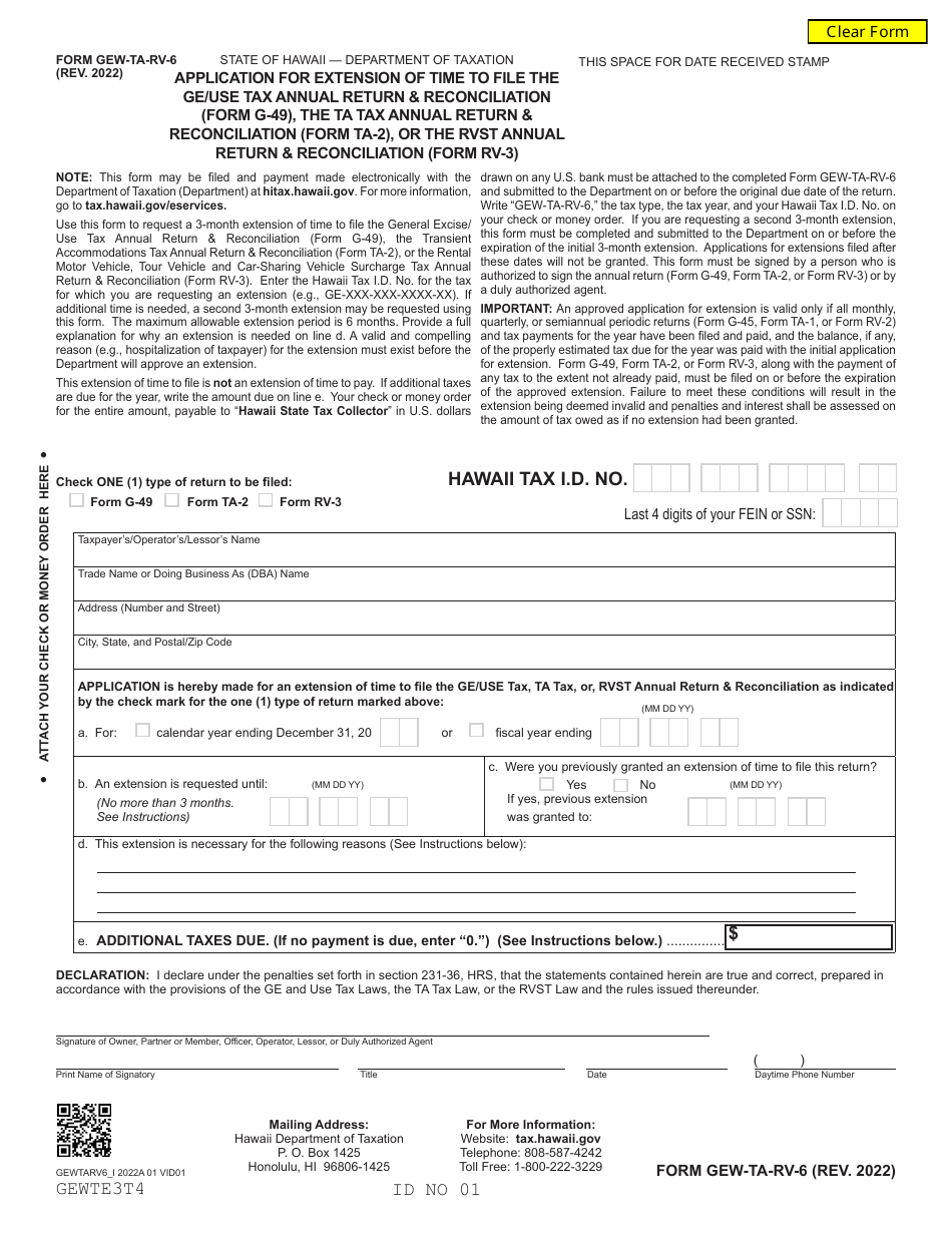 Form GEW-TA-RV-6 Application for Extension of Time to File the Ge / Use Tax Annual Return  Reconciliation (Form G-49), the Ta Tax Annual Return  Reconciliation (Form Ta-2), or the Rvst Annual Return  Reconciliation (Form Rv-3) - Hawaii, Page 1