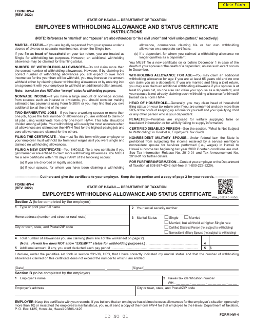Form HW-4 Employee's Withholding Allowance and Status Certificate - Hawaii