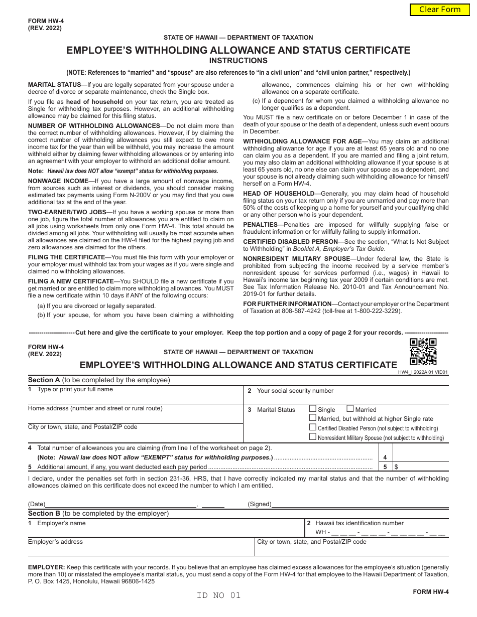 Form HW-4 Employees Withholding Allowance and Status Certificate - Hawaii, Page 1