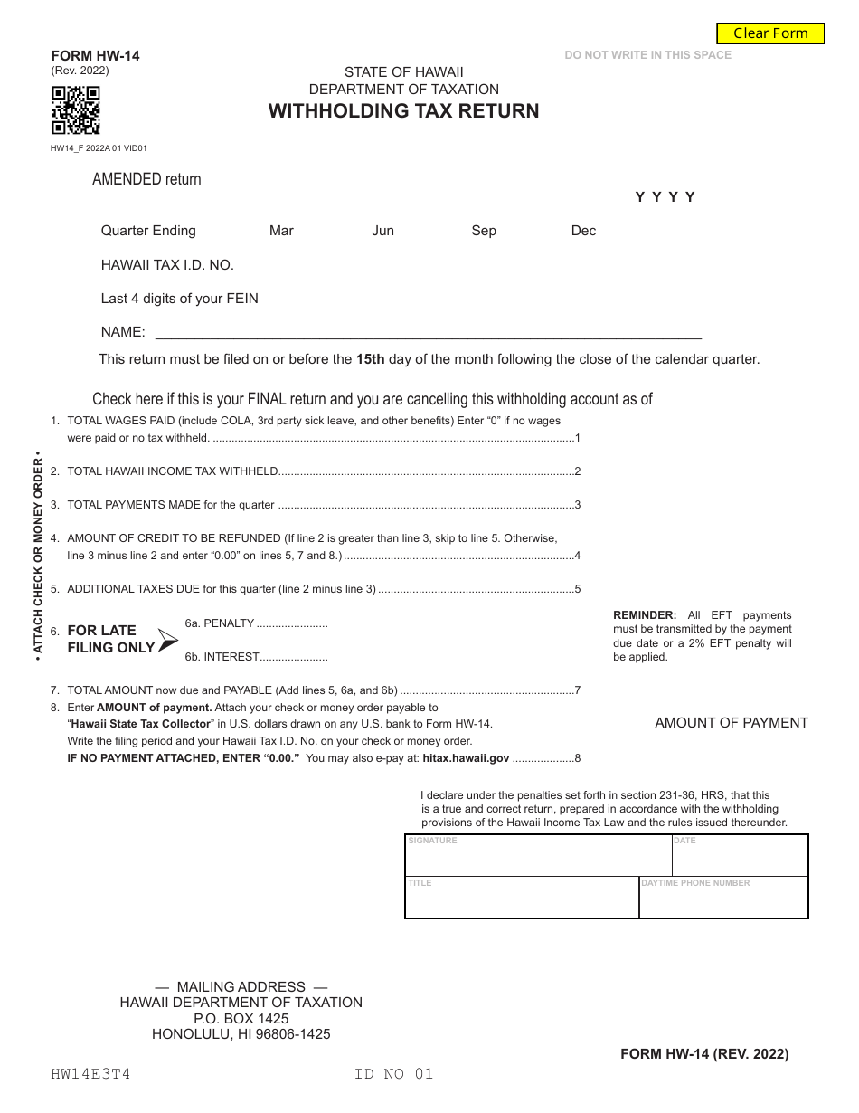 Form HW-14 Withholding Tax Return - Hawaii, Page 1