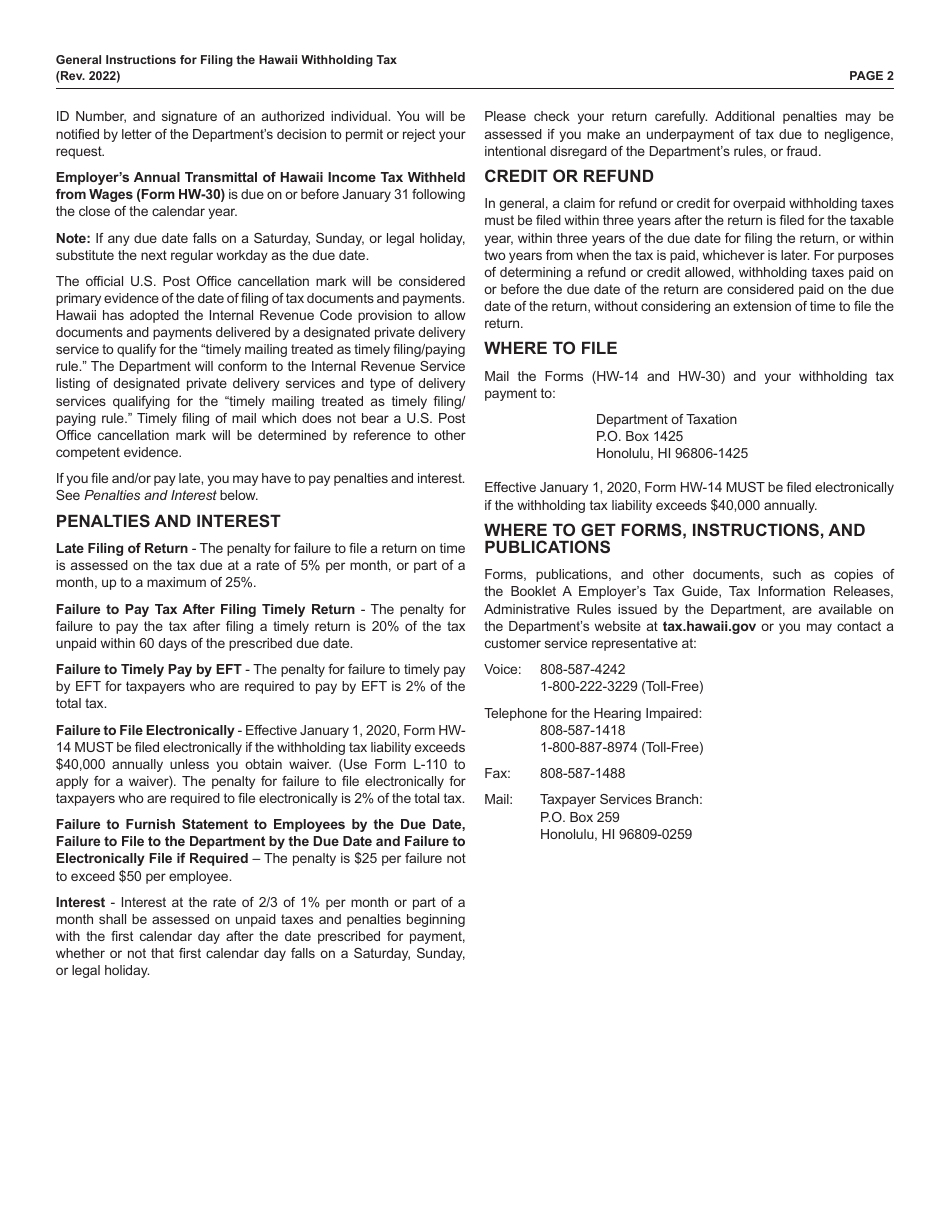 Instructions for Form HW-14, HW-30 - Hawaii, Page 2