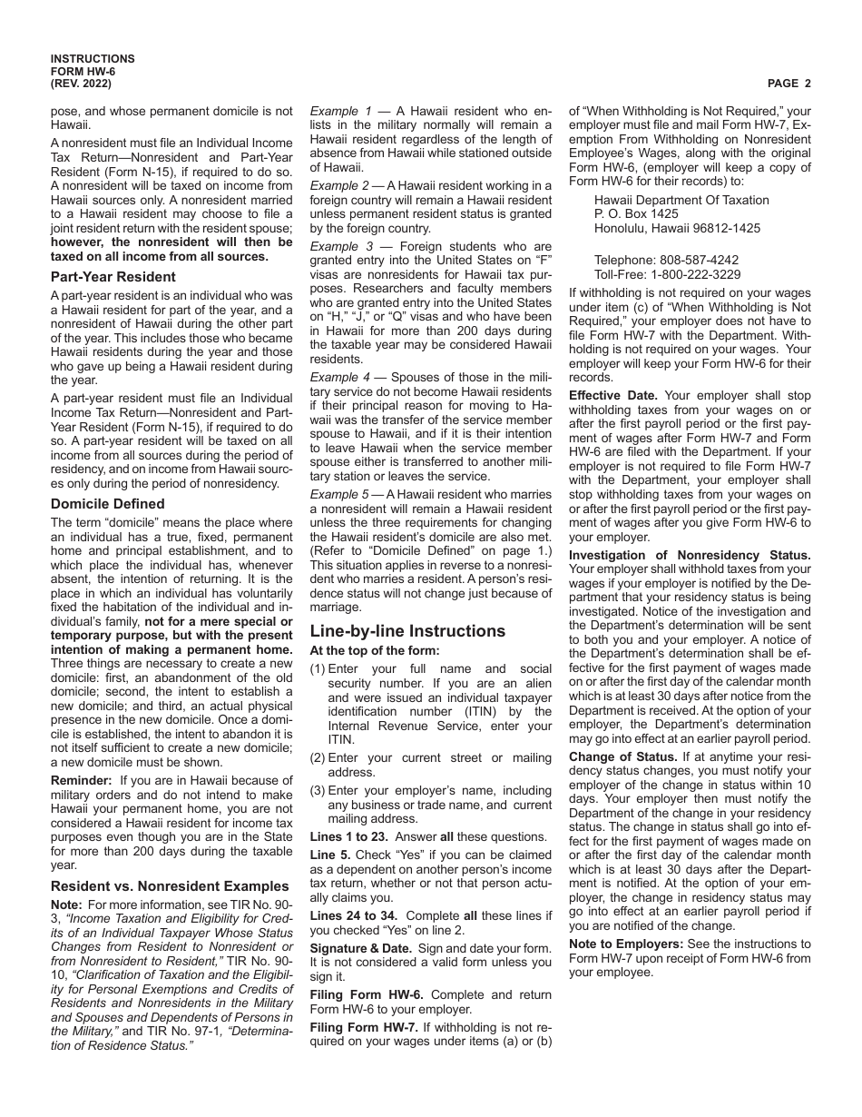 Instructions for Form HW-6 Employees Statement to Employer Concerning Nonresidence in the State of Hawaii - Hawaii, Page 2