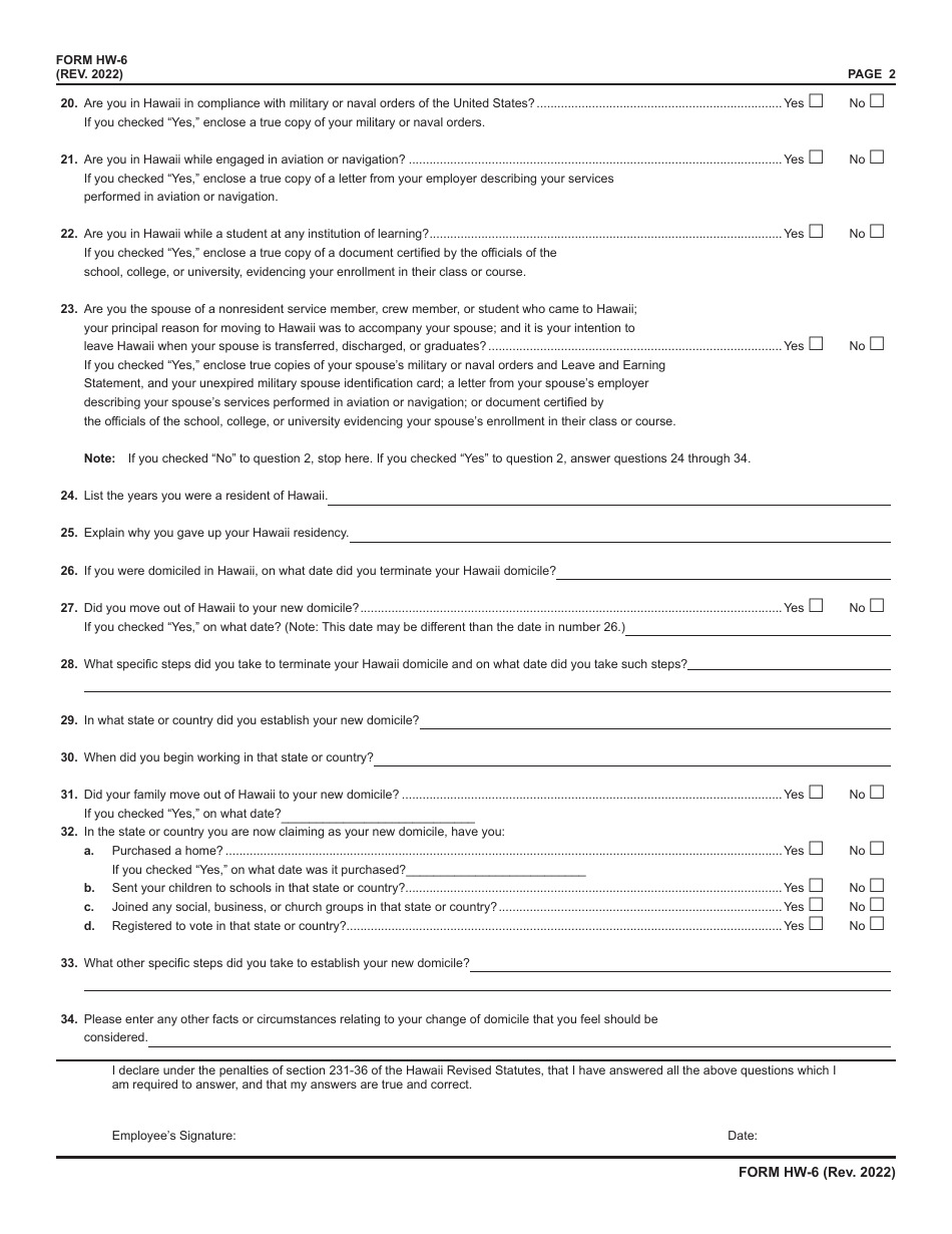 Form HW-6 Employees Statement to Employer Concerning Nonresidence in the State of Hawaii - Hawaii, Page 2