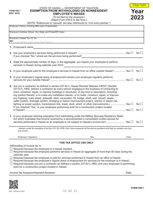 Form HW-7 Exemption From Withholding on Nonresident Employee&#039;s Wages - Hawaii, 2023