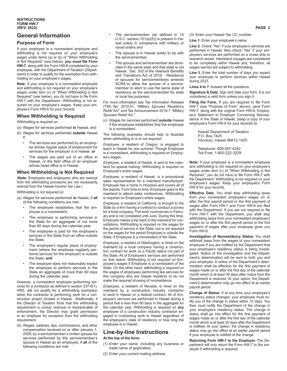 Form HW-7 Exemption From Withholding on Nonresident Employees Wages - Hawaii, Page 2