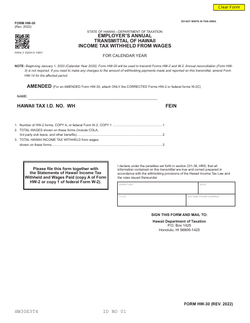 Form HW-30 Employer's Annual Transmittal of Hawaii Income Tax Withheld From Wages - Hawaii
