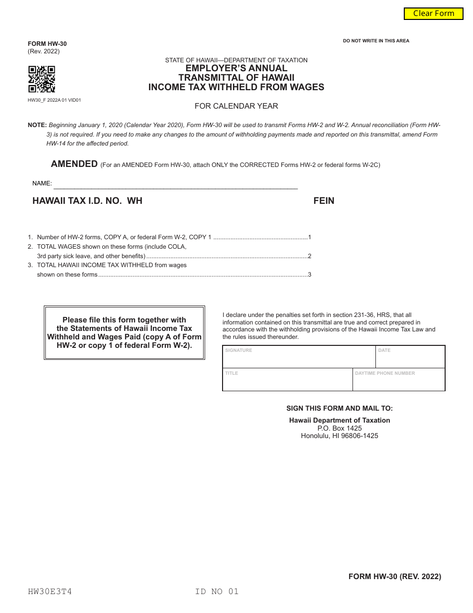 Form HW-30 Employers Annual Transmittal of Hawaii Income Tax Withheld From Wages - Hawaii, Page 1