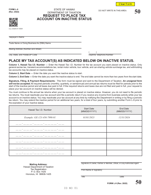 Form L-9 Request to Place Tax Account on Inactive Status - Hawaii