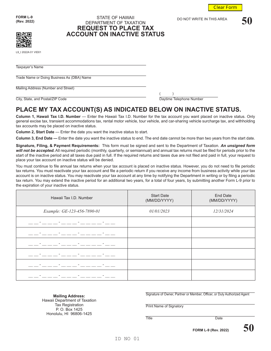 Form L-9 Request to Place Tax Account on Inactive Status - Hawaii, Page 1