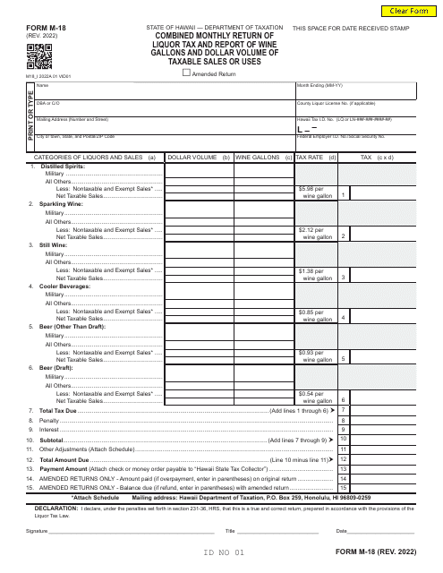 Form M-18 Combined Monthly Return of Liquor Tax and Report of Wine Gallons and Dollar Volume of Taxable Sales or Uses - Hawaii