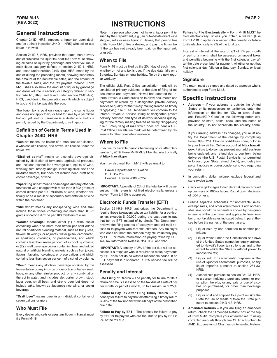 Form M-18 Combined Monthly Return of Liquor Tax and Report of Wine Gallons and Dollar Volume of Taxable Sales or Uses - Hawaii, Page 2