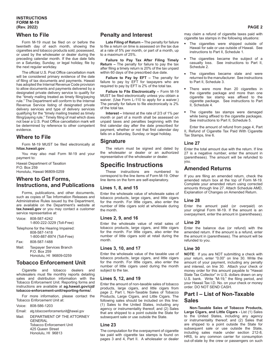 Instructions for Form M-19 Cigarette and Tobacco Products Monthly Tax Return - Hawaii, Page 2