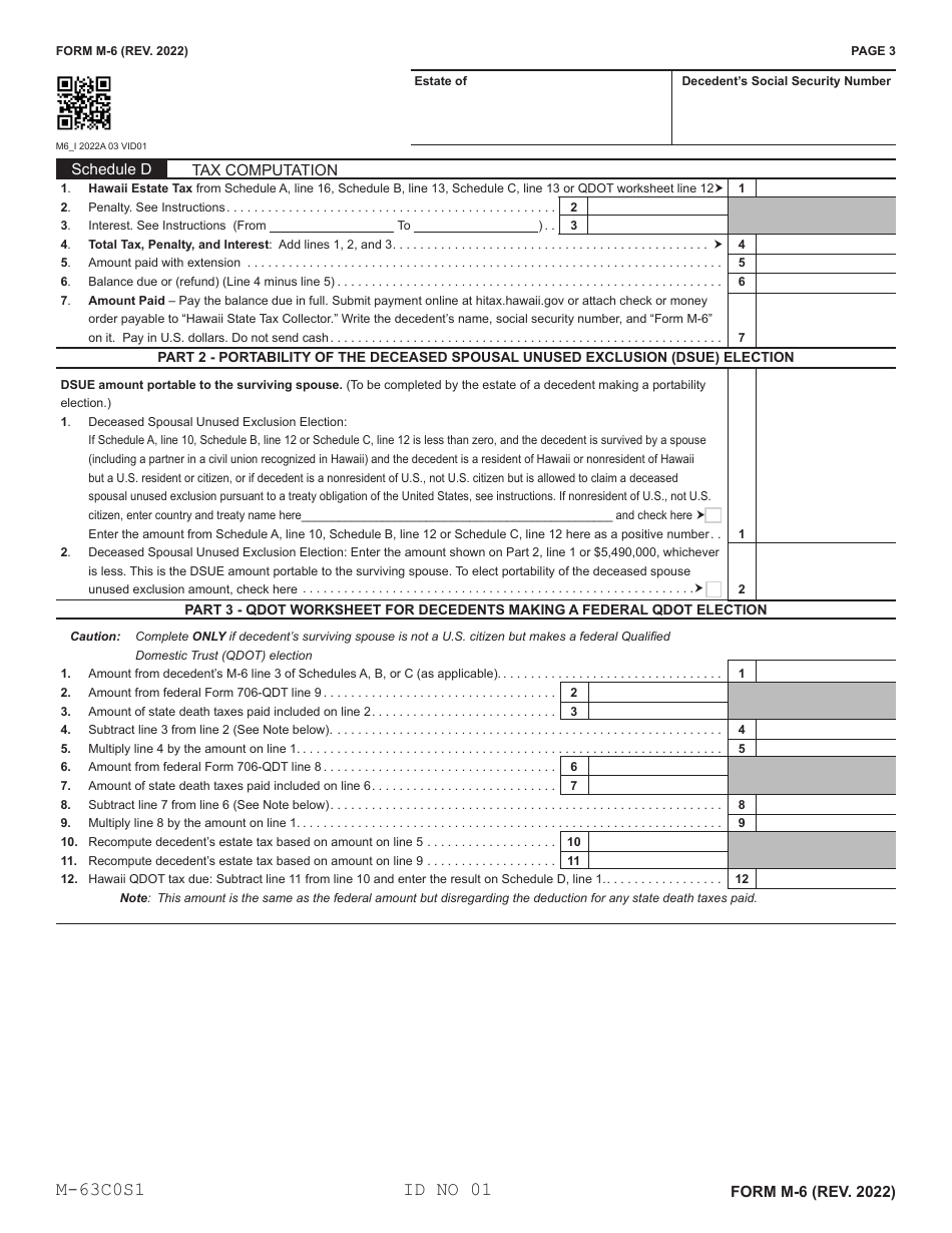 Form M-6 Hawaii Estate Tax Return - Hawaii, Page 3