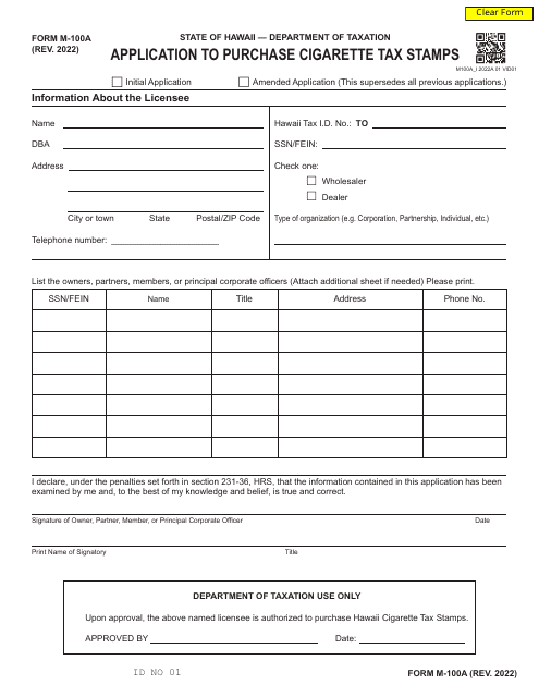 Form M-100A Application to Purchase Cigarette Tax Stamps - Hawaii