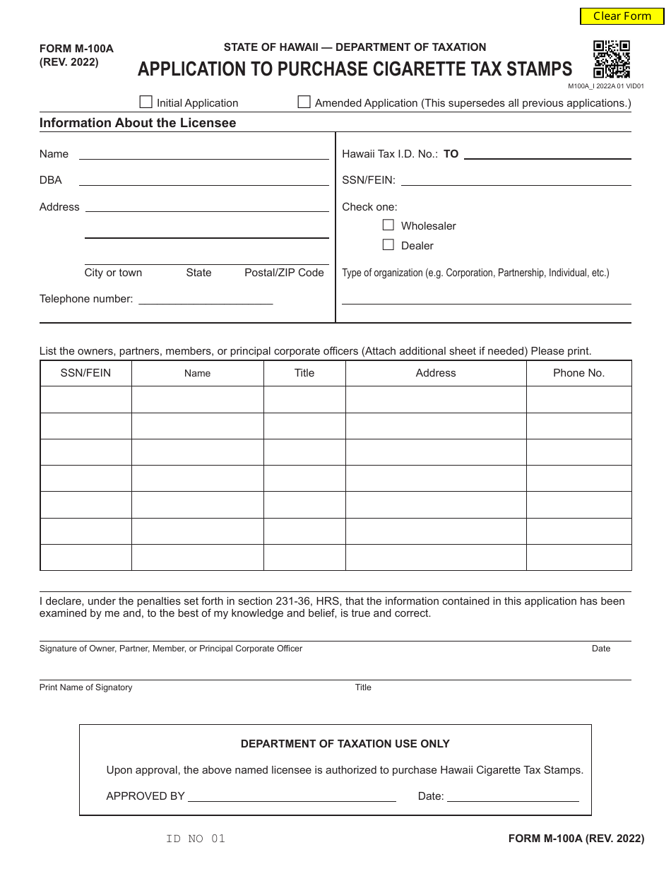Form M100A Fill Out, Sign Online and Download Fillable PDF, Hawaii