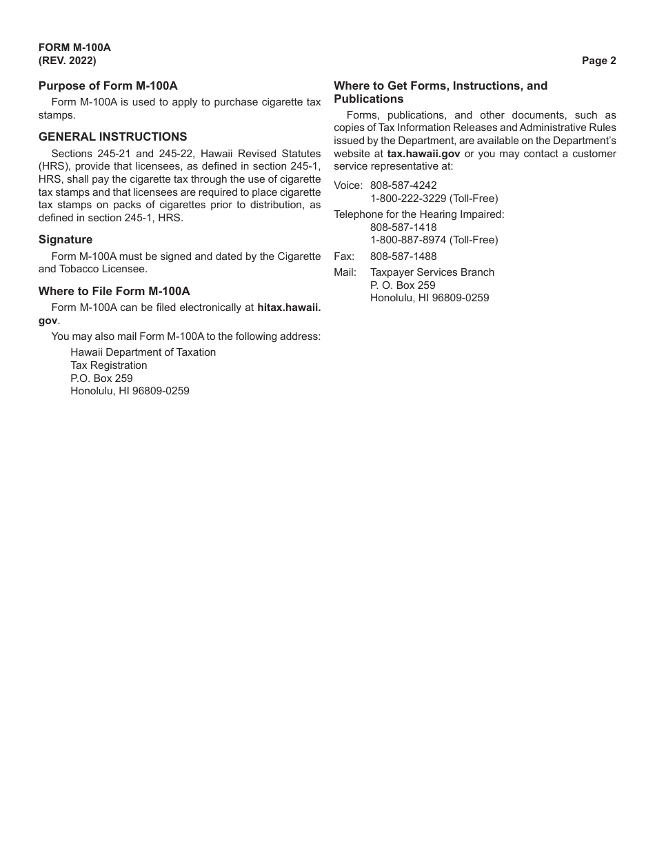 Form M-100A Application to Purchase Cigarette Tax Stamps - Hawaii, Page 2