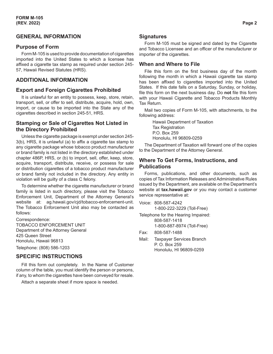 Form M-105 Schedule of Imported Foreign Cigarettes to Which Cigarette Tax Stamps Have Been Affixed - Hawaii, Page 2