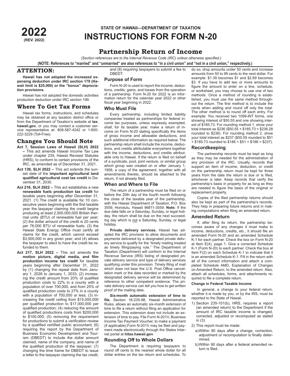 Instructions for Form N-20 Partnership Return of Income - Hawaii, Page 1